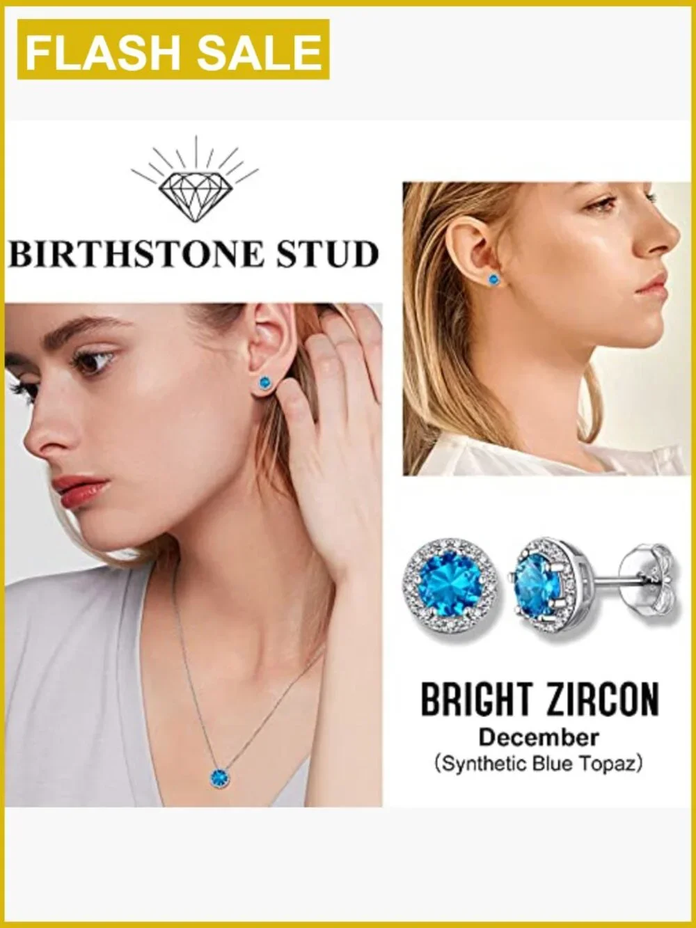 925 Sterling Silver Birthstone Stud Earrings - Blue Topaz